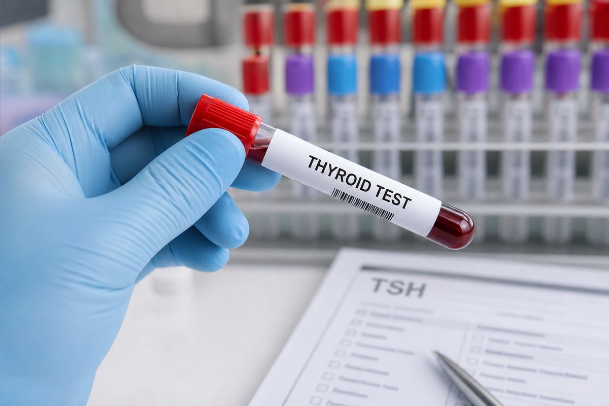 Blood test tube for thyroid TSH testing held in a laboratory