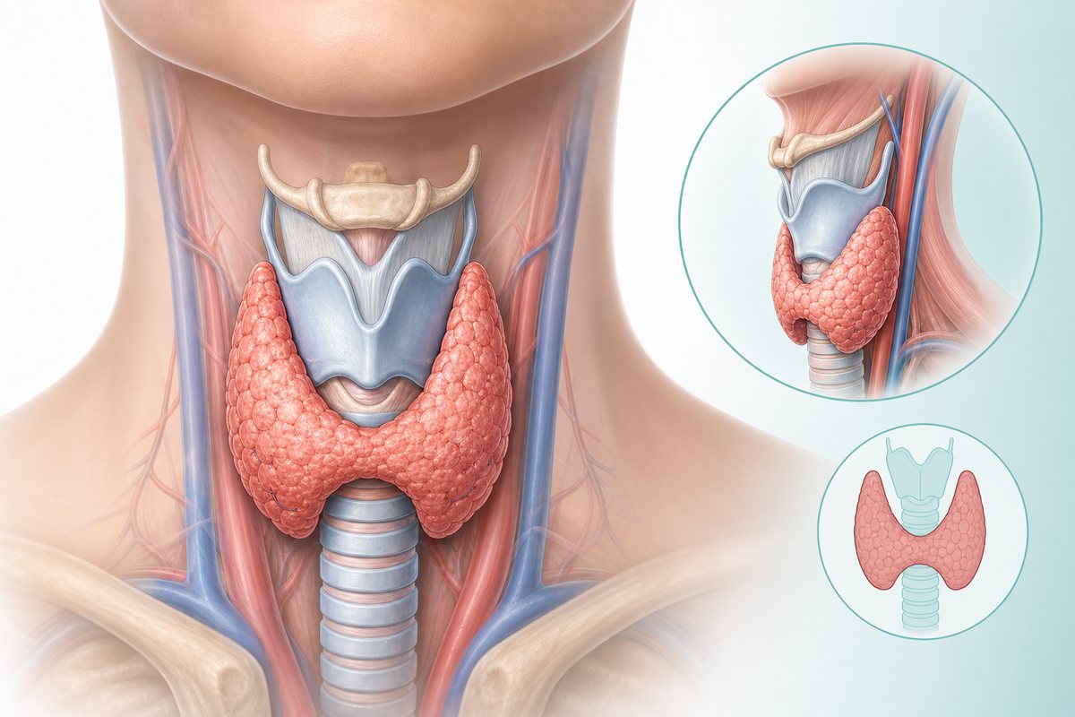 Medical illustration of the butterfly-shaped thyroid gland in the neck over the trachea