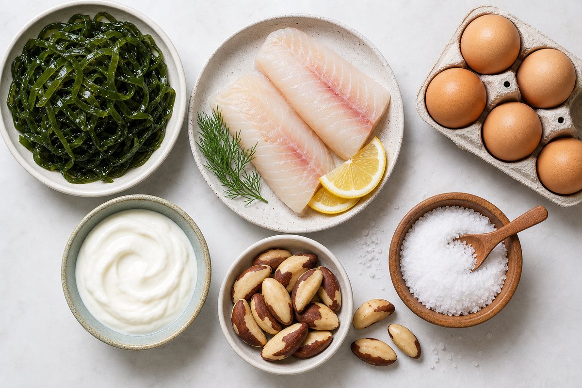 Thyroid-supporting foods including seaweed fish eggs Brazil nuts yogurt and iodized salt