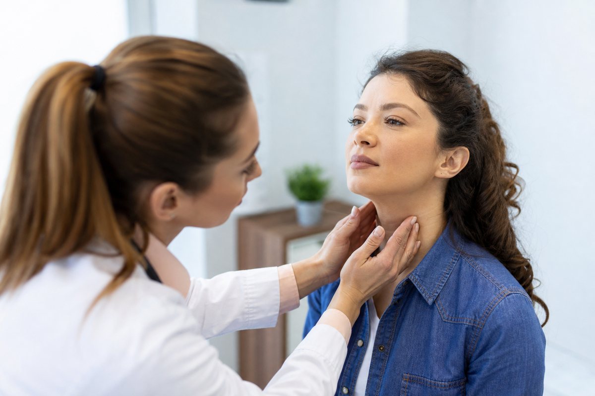Doctor examining a female patient's neck and thyroid gland in a clinic
