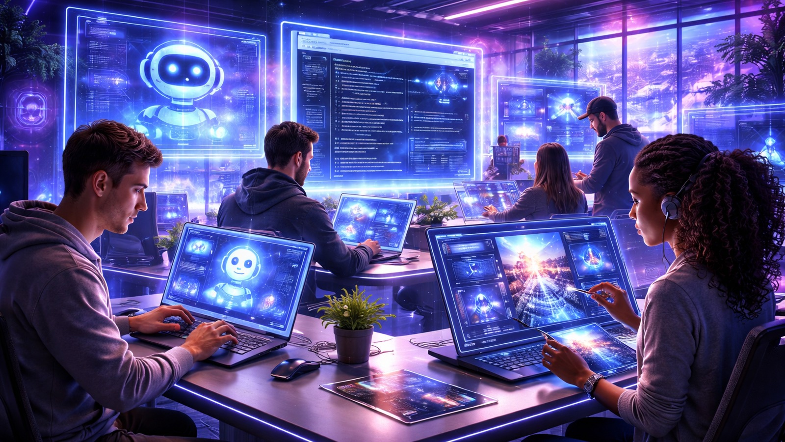 Team using multiple AI dashboards and glowing screens inside a futuristic collaborative workspace