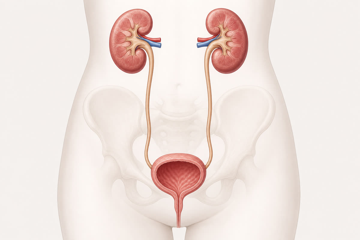 Medical illustration of the female urinary tract showing the kidneys, ureters, bladder, and urethra