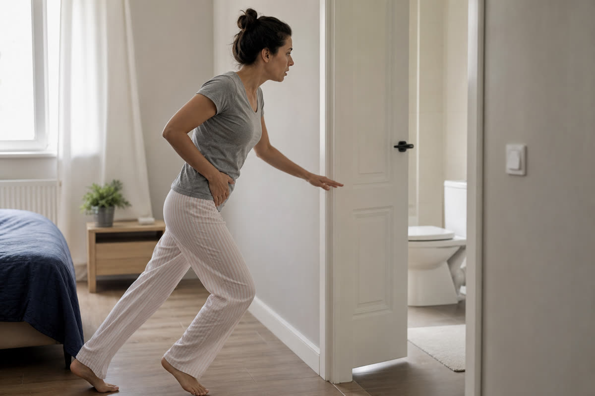 Woman walking quickly toward a bathroom door at home with a hand near her lower abdomen from urinary urgency