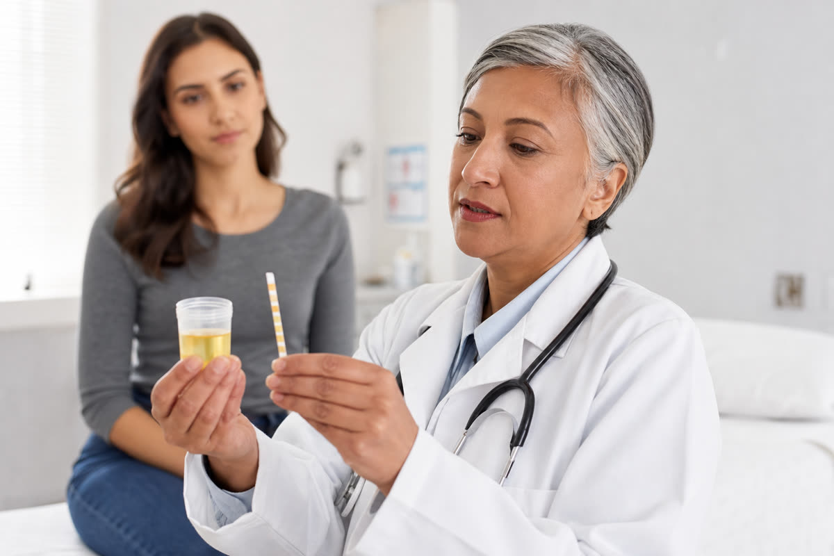 Doctor holding a urine sample cup and urinalysis dipstick in a bright clinic to diagnose a urinary tract infection