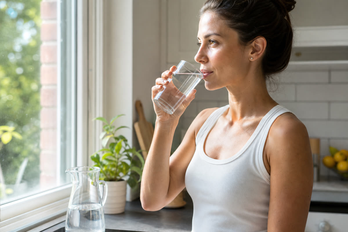 Woman drinking a tall glass of water by a kitchen window to help flush the bladder and prevent UTIs