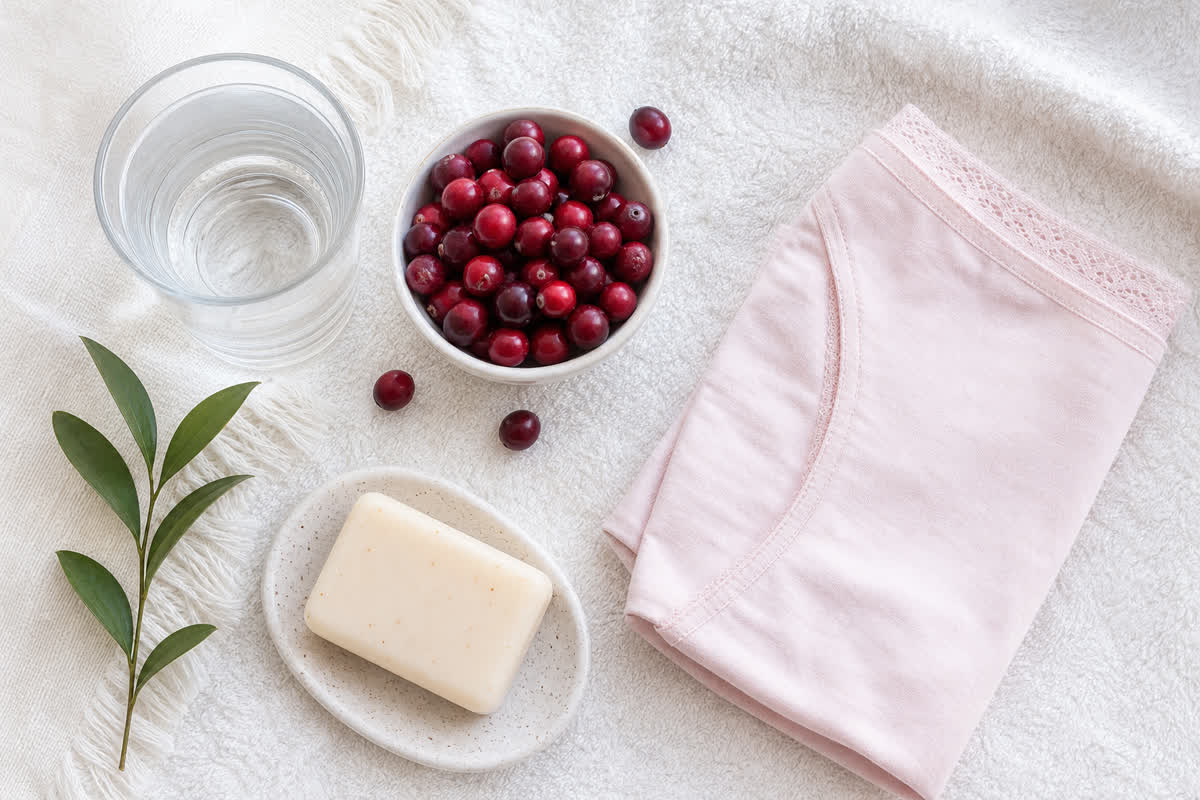 Flat lay of UTI prevention essentials including water, cranberries, cotton underwear, and gentle soap