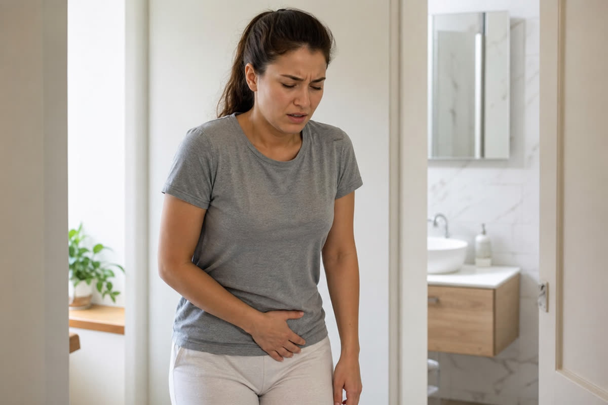 Woman pressing a hand to her lower abdomen showing burning discomfort from a urinary tract infection