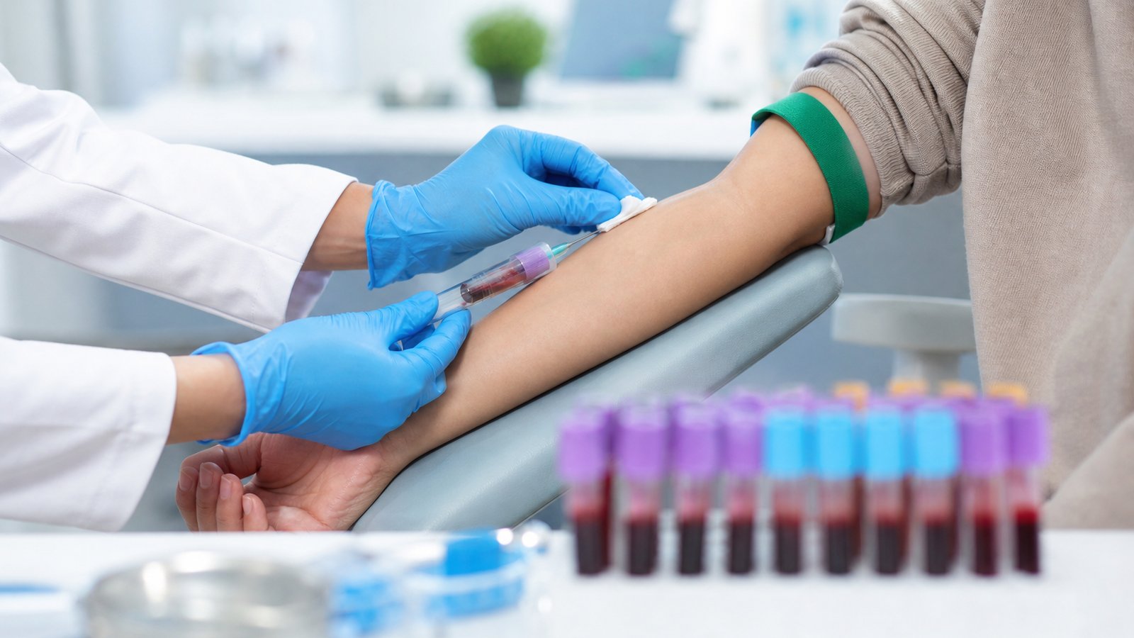 Phlebotomist drawing a blood sample into labeled tubes in a bright modern clinic for vitamin testing