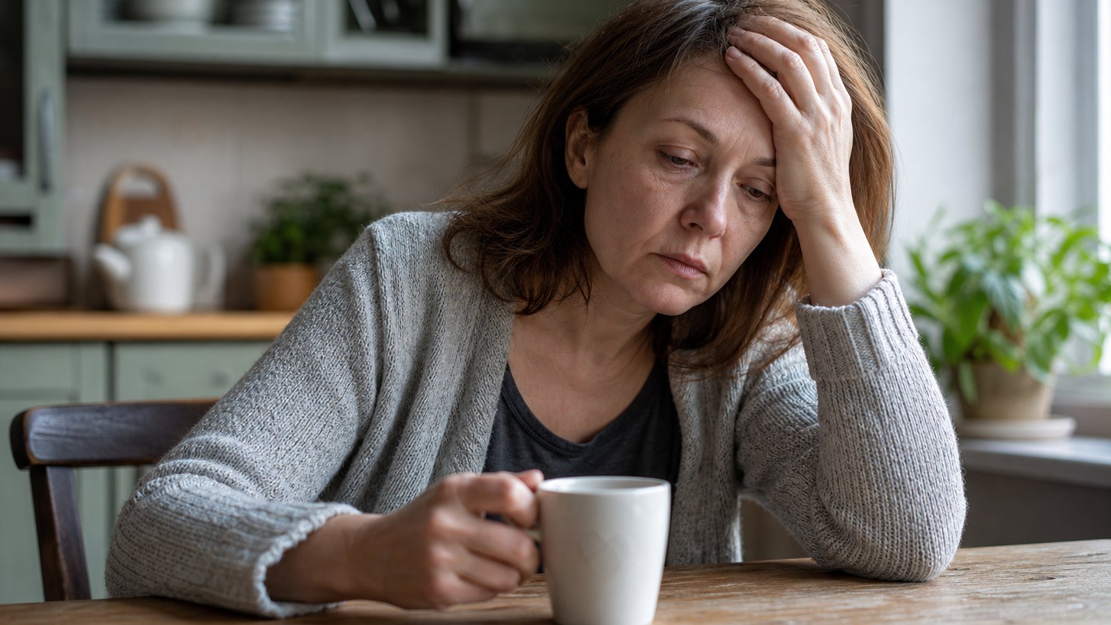 Tired woman resting her forehead on her hand at a kitchen table, showing fatigue from vitamin deficiency