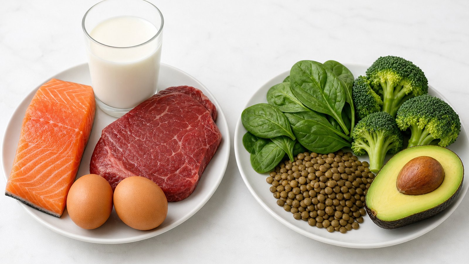 Plate of animal foods rich in B12 beside a plate of green folate-rich vegetables and legumes