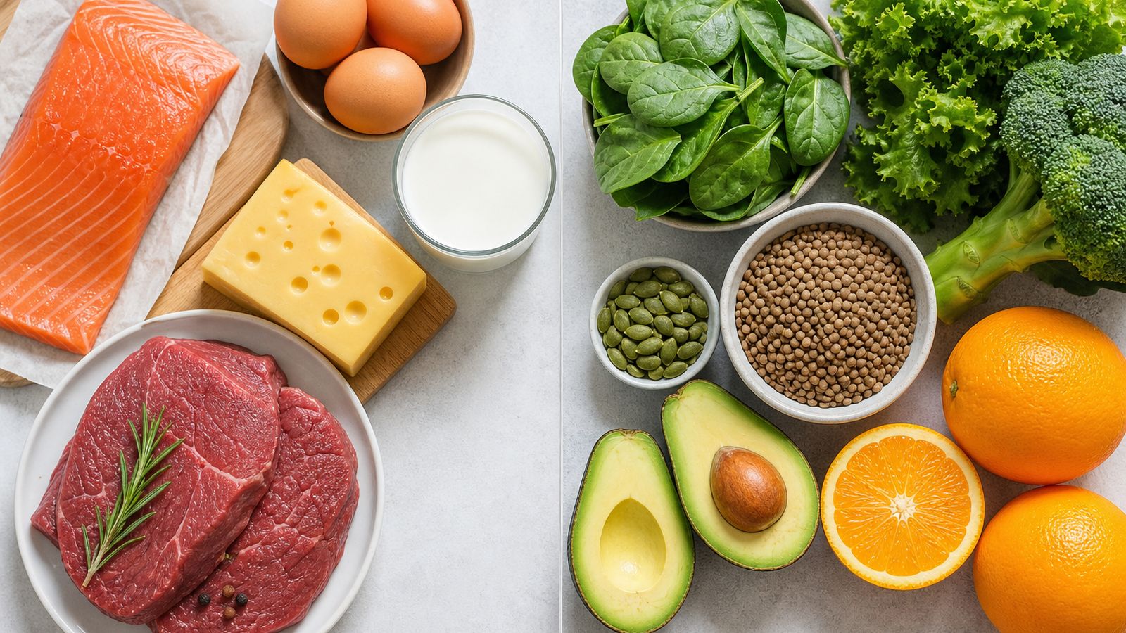 Split flat lay of vitamin B12 animal foods like salmon, eggs and beef beside folate-rich greens, lentils and avocado