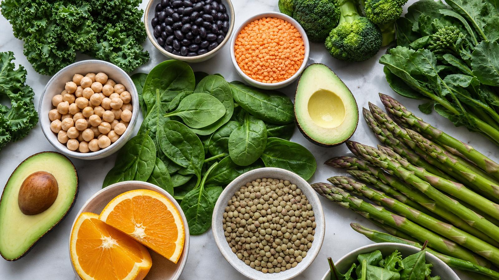 Marble surface with folate-rich foods including spinach, kale, broccoli, lentils, chickpeas, avocado and orange