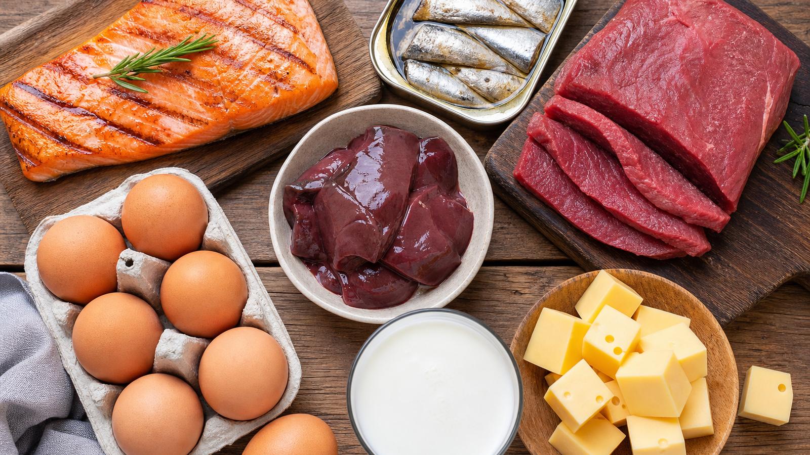 Wooden board of vitamin B12 rich foods including salmon, sardines, beef, eggs, milk and cheese