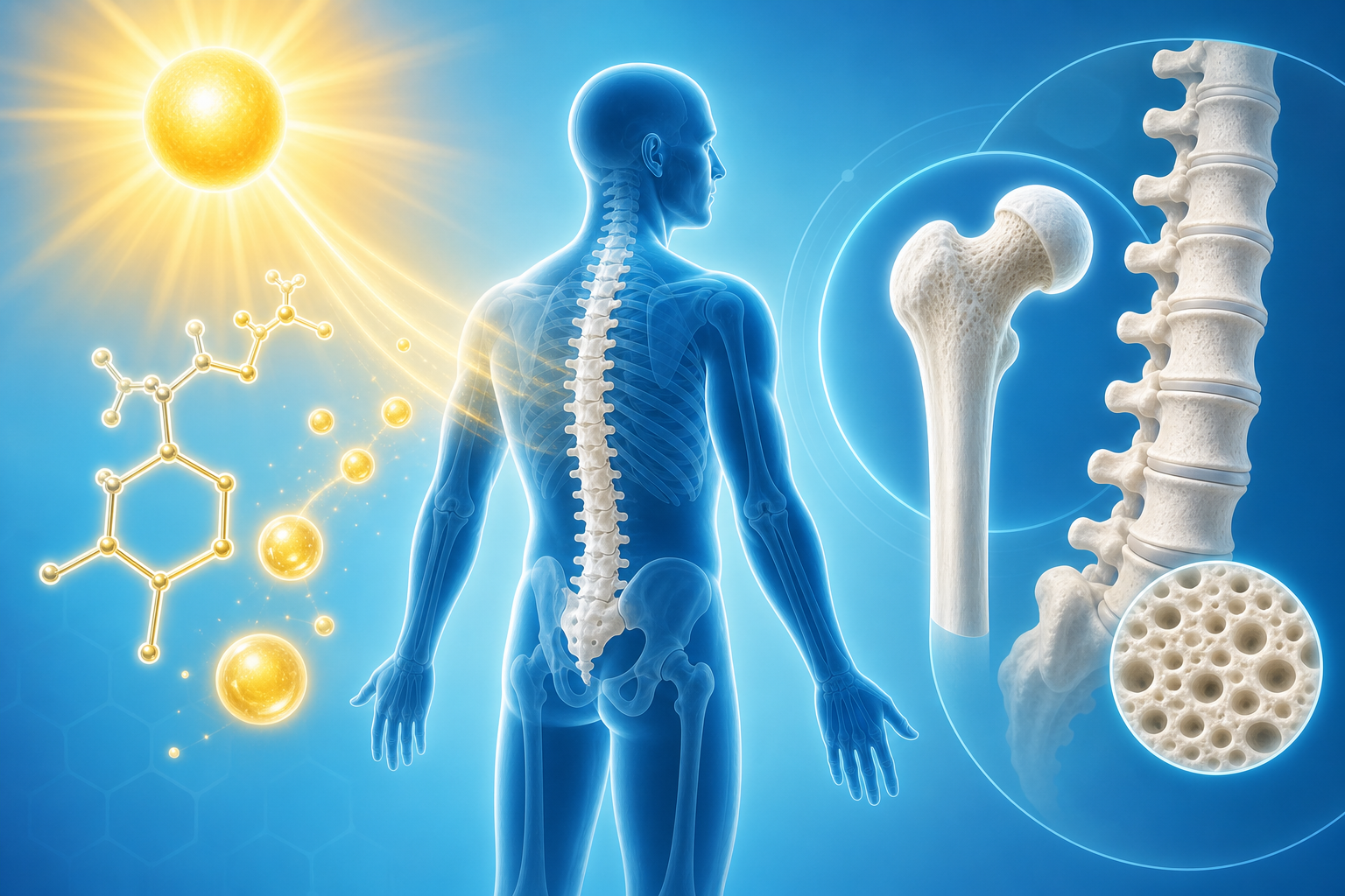 Medical illustration linking Vitamin D to bone strength and immune health