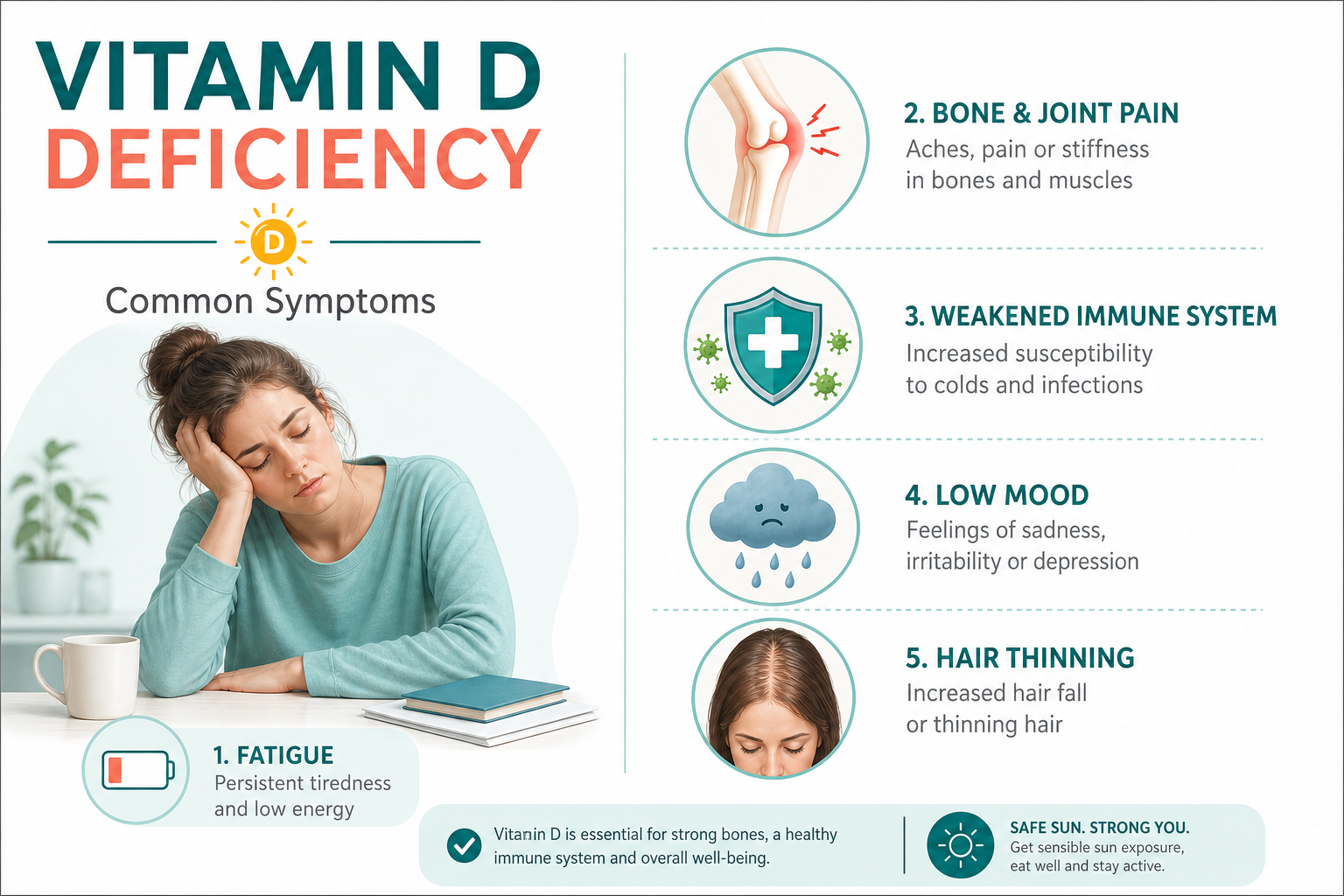 Infographic of common Vitamin D deficiency symptoms including fatigue bone pain and weak immunity