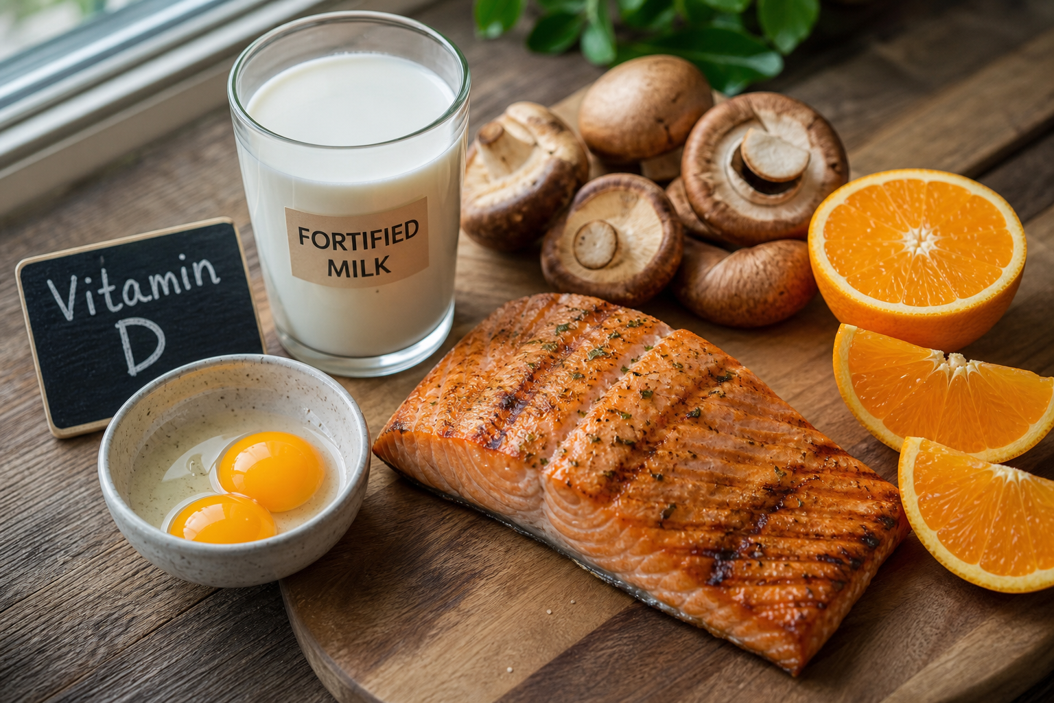 Vitamin D rich foods including salmon eggs fortified milk and mushrooms