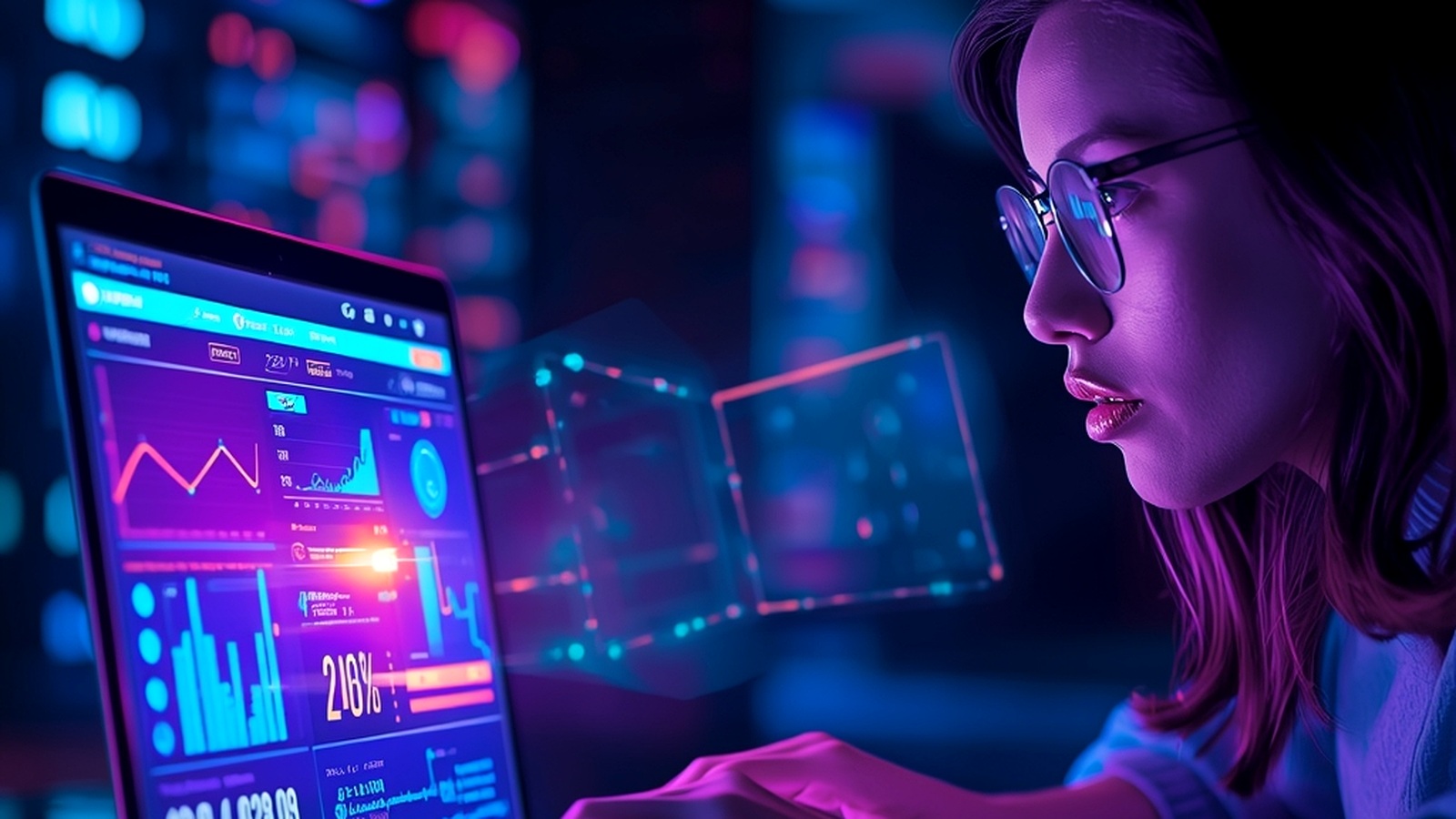 Blogger reviewing AI detection analytics and content quality signals on a laptop screen