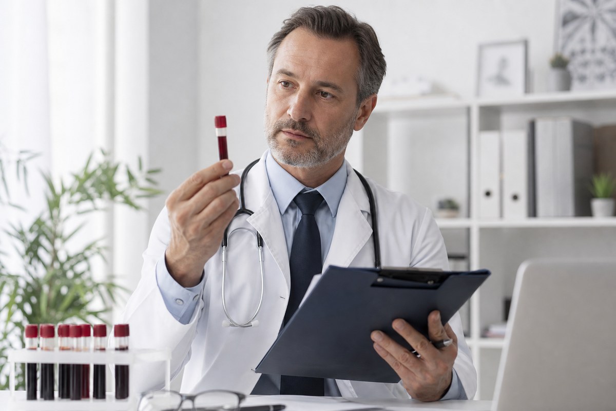 Doctor in a white coat holding a blood sample tube to evaluate zinc and nutrient levels