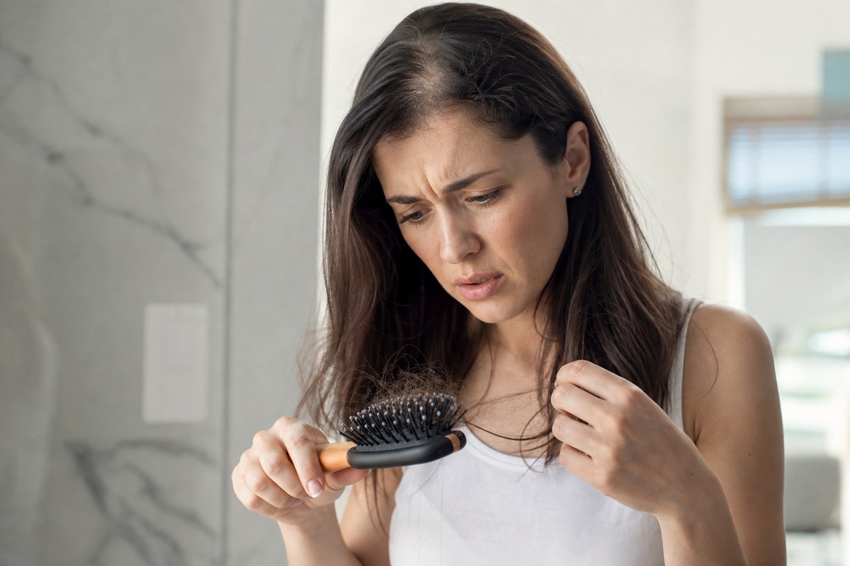 Woman examining a hairbrush with strands of hair showing hair thinning linked to low zinc