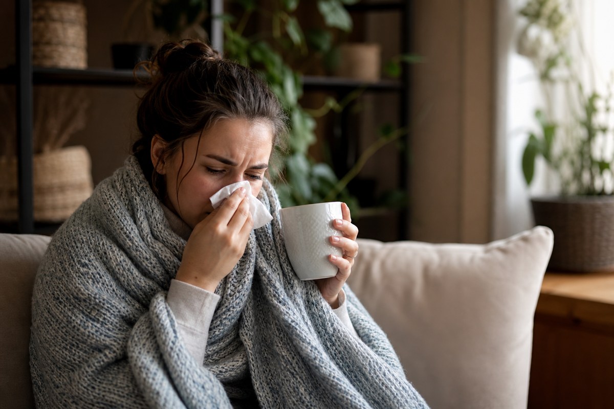 Person wrapped in a blanket with a cold holding tea and a tissue showing weakened immunity from low zinc