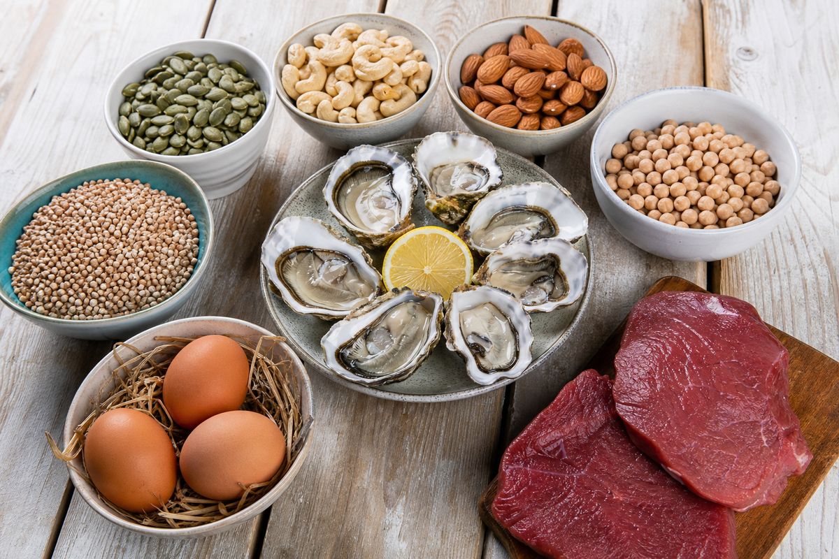 Assortment of zinc-rich foods including oysters pumpkin seeds cashews chickpeas eggs and beef on a wooden table
