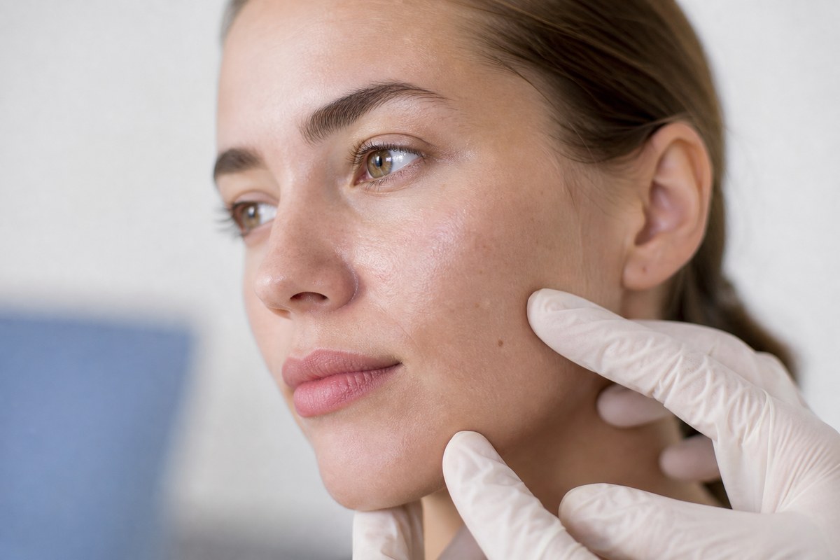 Close-up of clear healthy facial skin being examined showing the link between zinc and skin repair