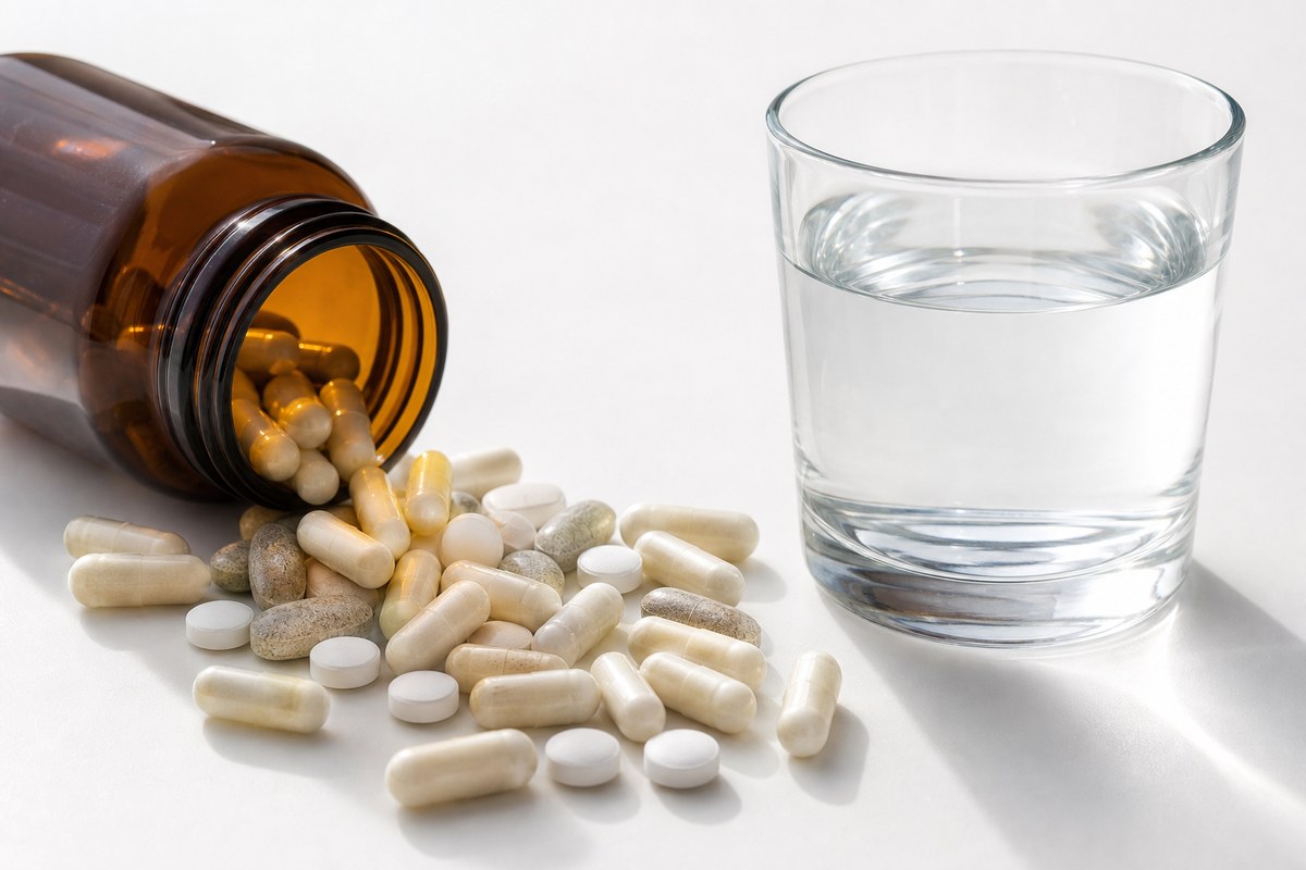 Zinc supplement capsules spilling from an amber bottle next to a glass of water